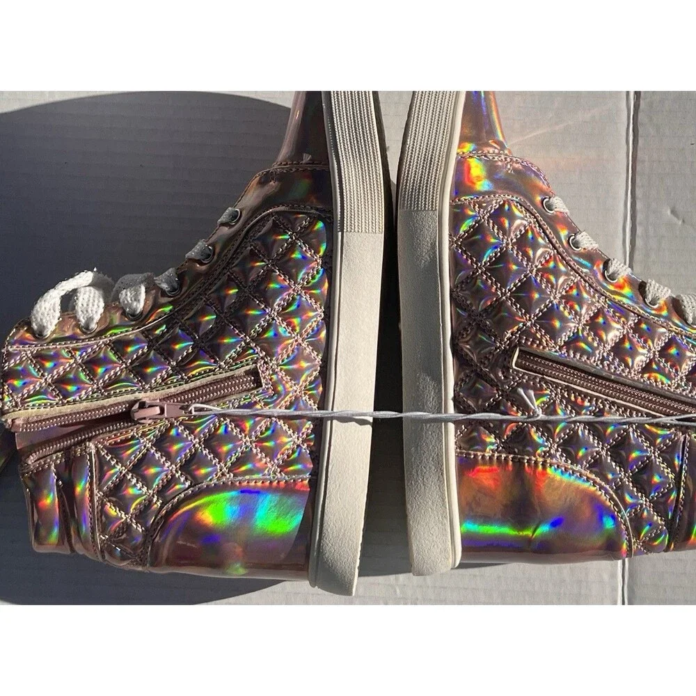 New Justice Rose Gold Holographic Quilted Wedge High Top Sneakers Girls Size 8